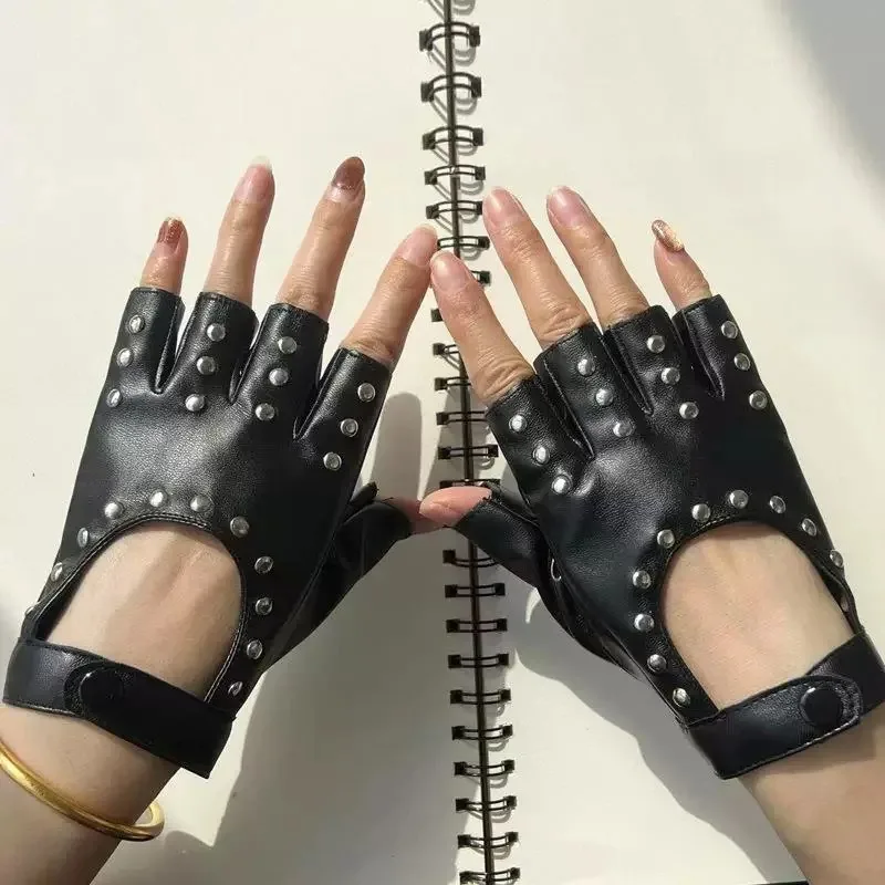 

KPOP Punk Rivet Fingerless Gloves Women Men Hip-Hop Performance Dance PU Leather Hollow Black Cool Waterproof Half Finger Gloves