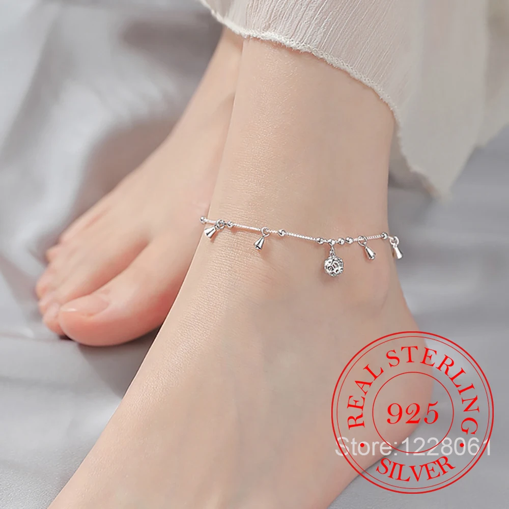 

925 Sterling Silver Bell Charm Anklet Footchain Charm Bracelet Homme for Women, Wedding Party Jewelry, Elegant Fashion Gift