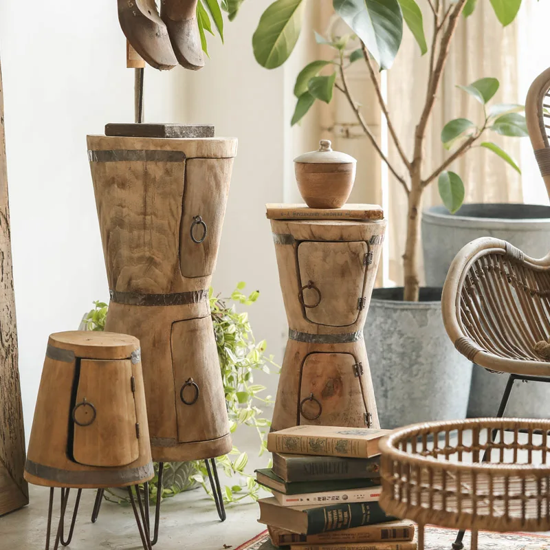 Double-layer funnel flower pot storage cabinet, solid wood flower rack, storage rack, wabi-sabi style floor-standing ornament