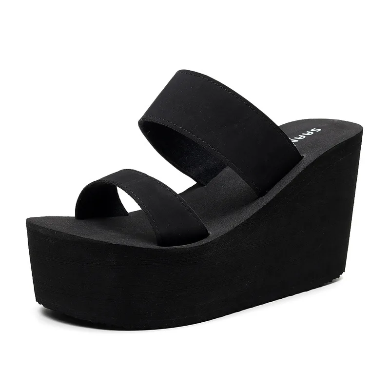 Women Platform Sandals Shoes Solid Color Wedge Slippers Footwear Ladies Beach Summer Non-Slip High Heels Flip Flops Casual Black