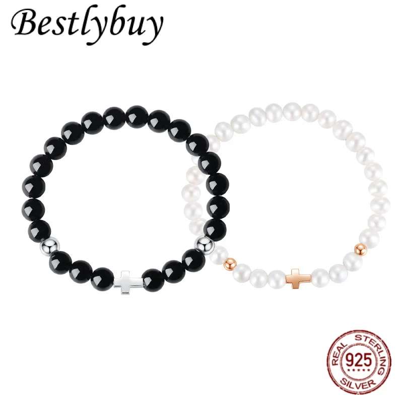 

new S925 Sterling Silver Obsidian Cross Couple Bracelet Retro Fashion Natural Freshwater Pearl Bracelet Women's gift