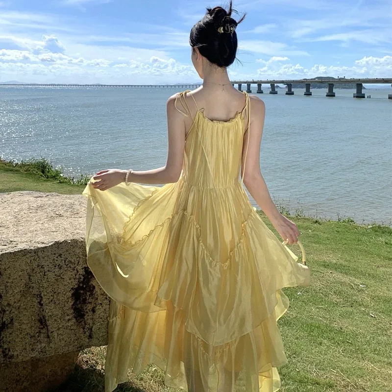 Senhoras mulheres verão vestidos longos amarelo na moda tropical doce boêmio vestido feminino cordão bolo camadas cintura praia vestidos