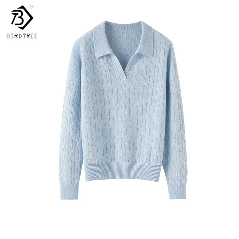 

Birdtree, витой вязаный свободный свитер из 100% овечьей шерсти, женский трикотаж с лацканами, мягкий пуловер осень/зима 2025 T5O821JF