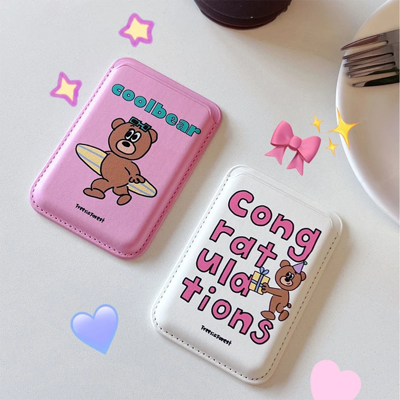 INS Cute Bear For Magsafe Magnetic Card Clip Phone Case For IPhone 15 Pro Max Magnetic Wallet Card Holder Phone Accessorie