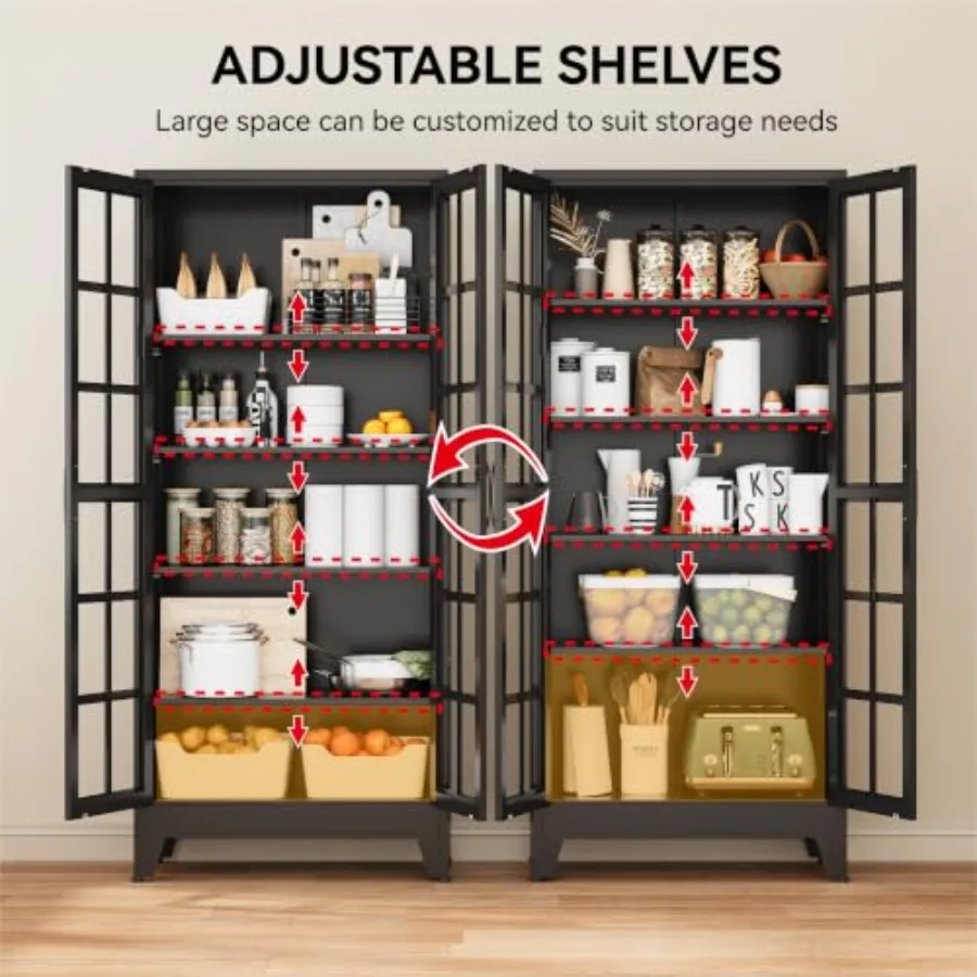 71 Metal Pantry Cabinet with Glass Doors for Living Room, Steel, Black, Adjustable Shelves and Soft-Close Doors view 5