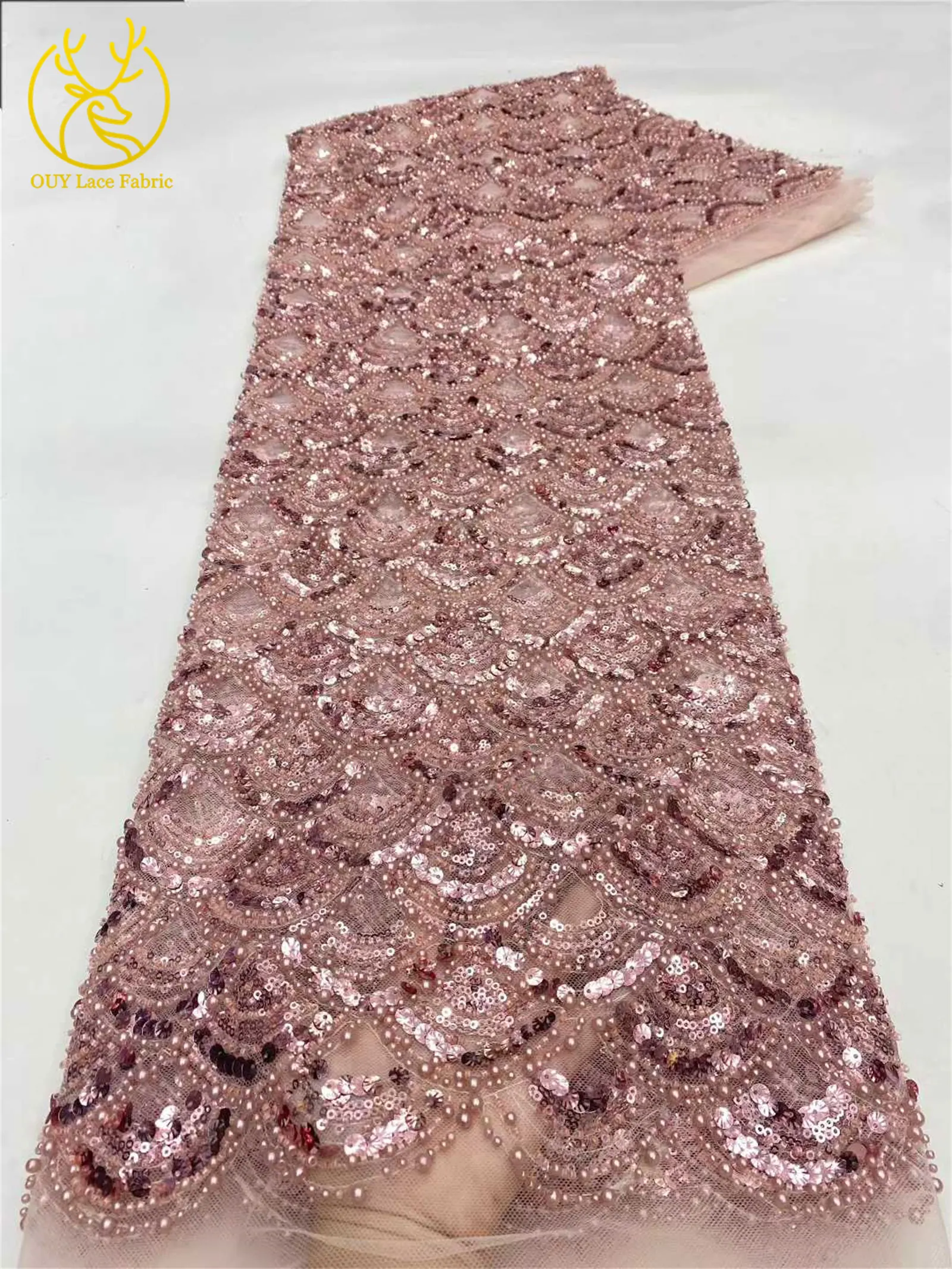 Tiefblauer afrikanischer schwerer Perlen-Spitzenstoff 2026 Hochwertiger nigerianischer Pailletten-Spitzenstoff für Hochzeit, Party, Kleid, 5 Yards – Detail 20
