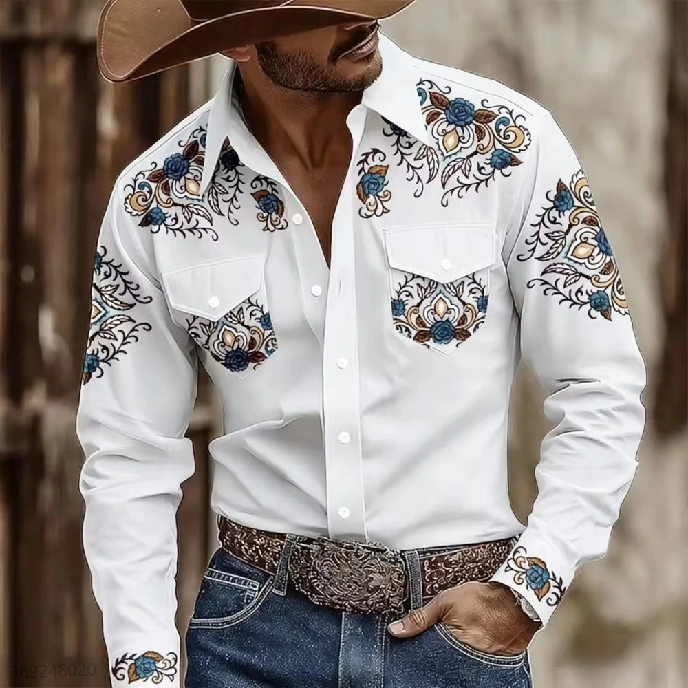 Men's collar long sleeved shirt with Western denim style 3D printed pattern, comfortable double pocket, fashionable and trendy c