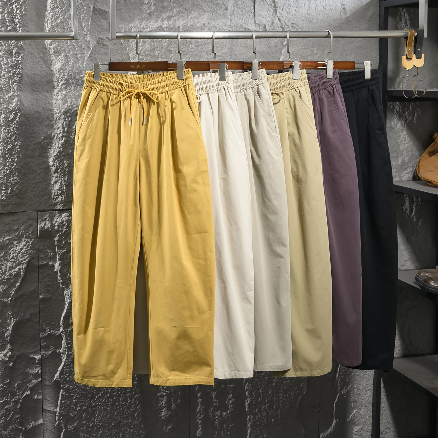 Men's Casual Straight Leg Pants Heavyweight Washed Cotton Spring Summer Elastic Waist Loose Fit Breathable Versatile Comfortable