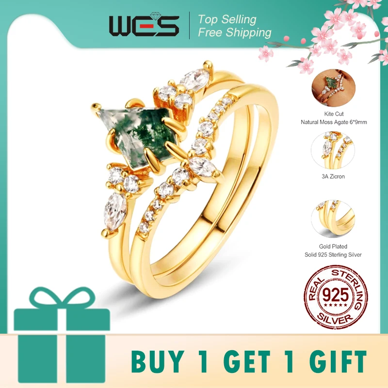 

WES стерлингового серебра 925 пробы, огранка воздушного змея, натуральный моховый агат, золотые кольца, наборы для женщин, свадебный комплект, подарок на день Святого Валентина, ювелирные изделия оптом