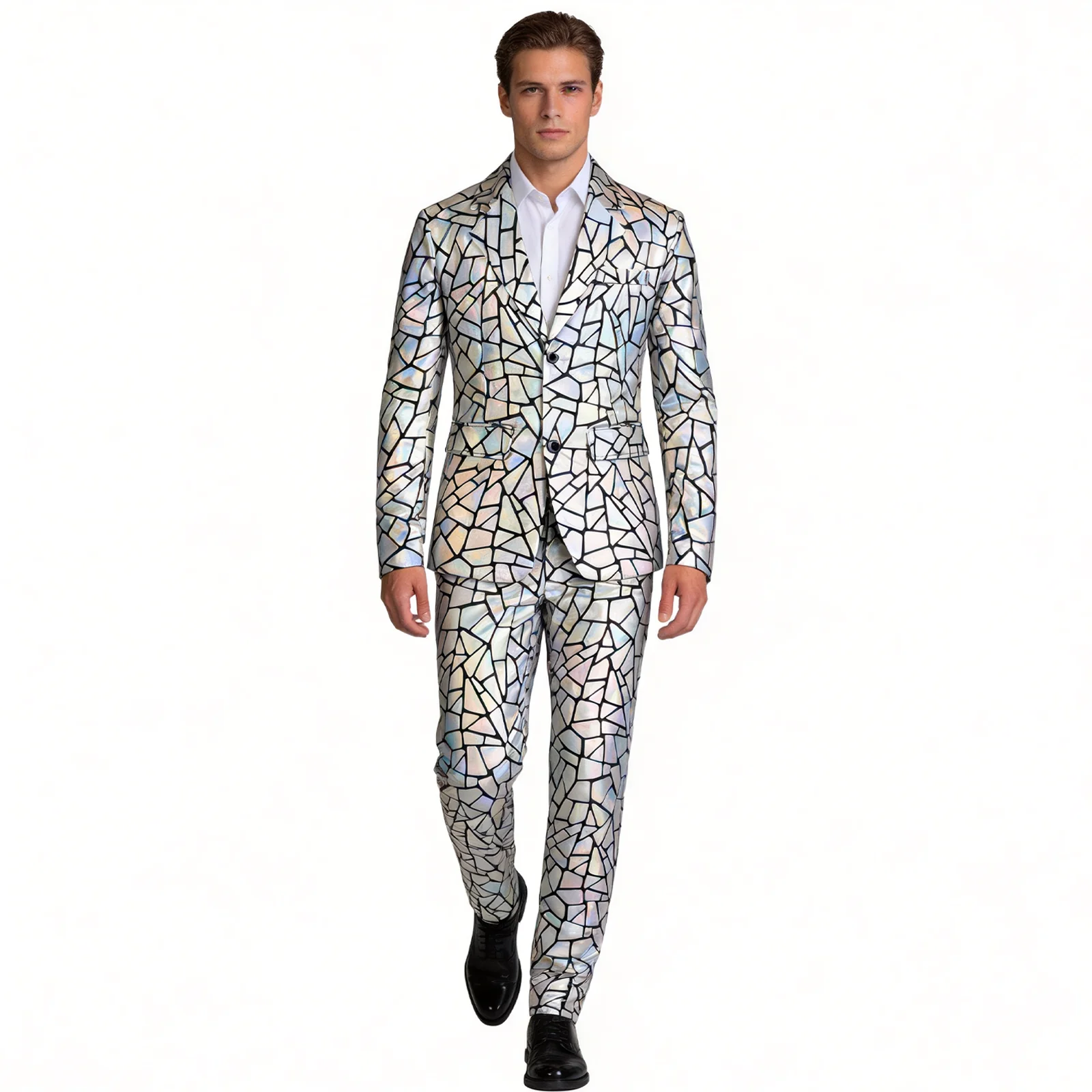 

Men Laser Reflective Irregular Cracked Blazer & Pants Nightclub Party Stage Performance Personality Outfit