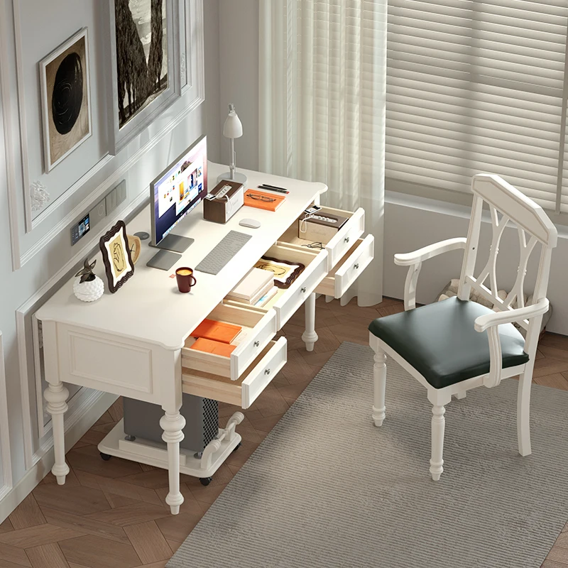 

French cream wind pure solid wood and chair combination 1m 1.2 household bedroom computer table student white writing desk