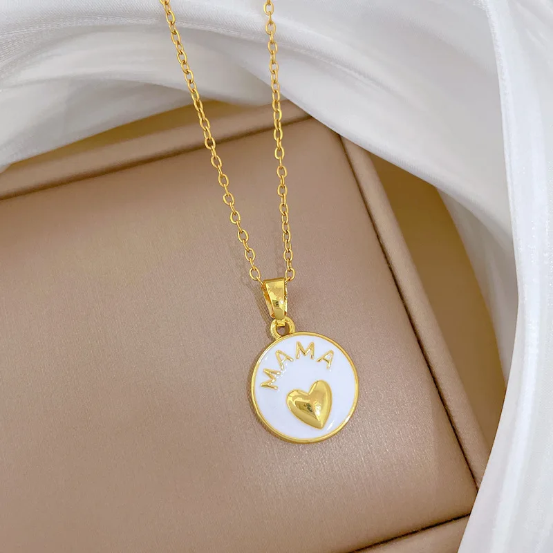 بسيطة الأبيض المينا ماما القلب جولة قلادة القلائد للنساء الذهب اللون الفولاذ المقاوم للصدأ سلسلة مجوهرات هدايا عيد ميلاد للأم
