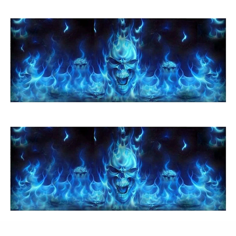 2X One Way Vision For Suv Pickup Blue Flaming Skull 3D Rear Windshield Decal Sticker Decor Rear Window Glass Poster