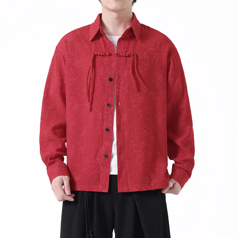 Modern Chinese Style Red Wedding Shirt Tassel Frog Button Tang Suit Blouse for Men Women Long Sleeve Festival Cheongsam Top 5XL