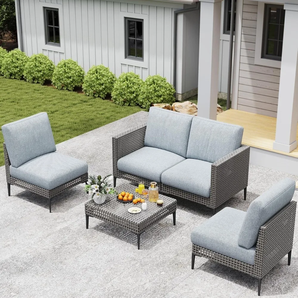 

Outdoor Patio Sofa Conversation Set–Rattan 5 Pieces Comfortable Couch for Garden, Yard, Weatherproof–Includes Glass Table, Armle