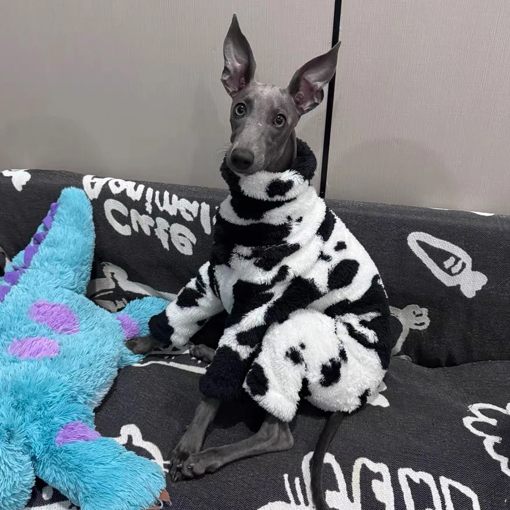 

Winter Double Sided Fleece Greyhound Clothes in Cow Pattern Warm Whippet Jumpsuit for Medium Dog Clothes