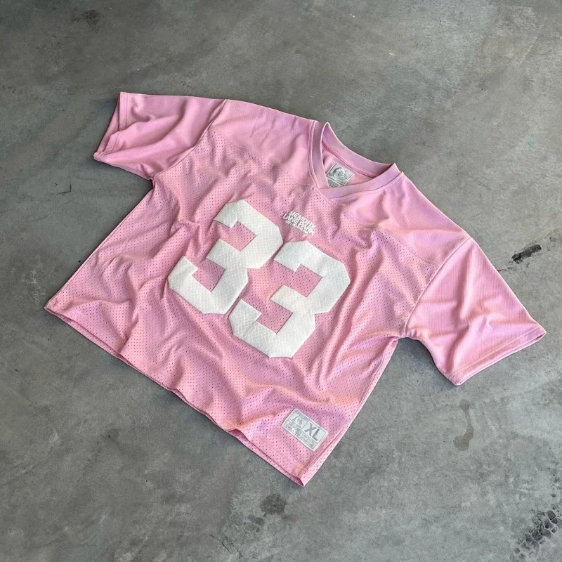 Camiseta y2k con cuello en V rosa 33 estilo callejero hip-hop para mujer, ropa deportiva gótica de moda, top de fútbol de secado rápido para mujer 2025