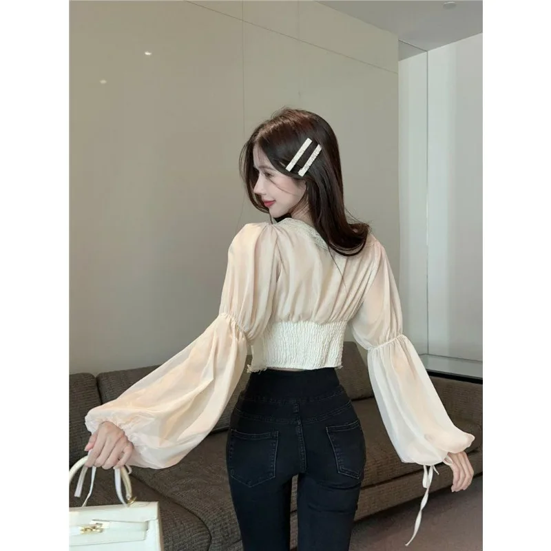 French Court Style Strap Shirt Women's Spring Clothing Temperament Sweet Age-reducing Short Lace Shirt Waist Top Exquisite Retro