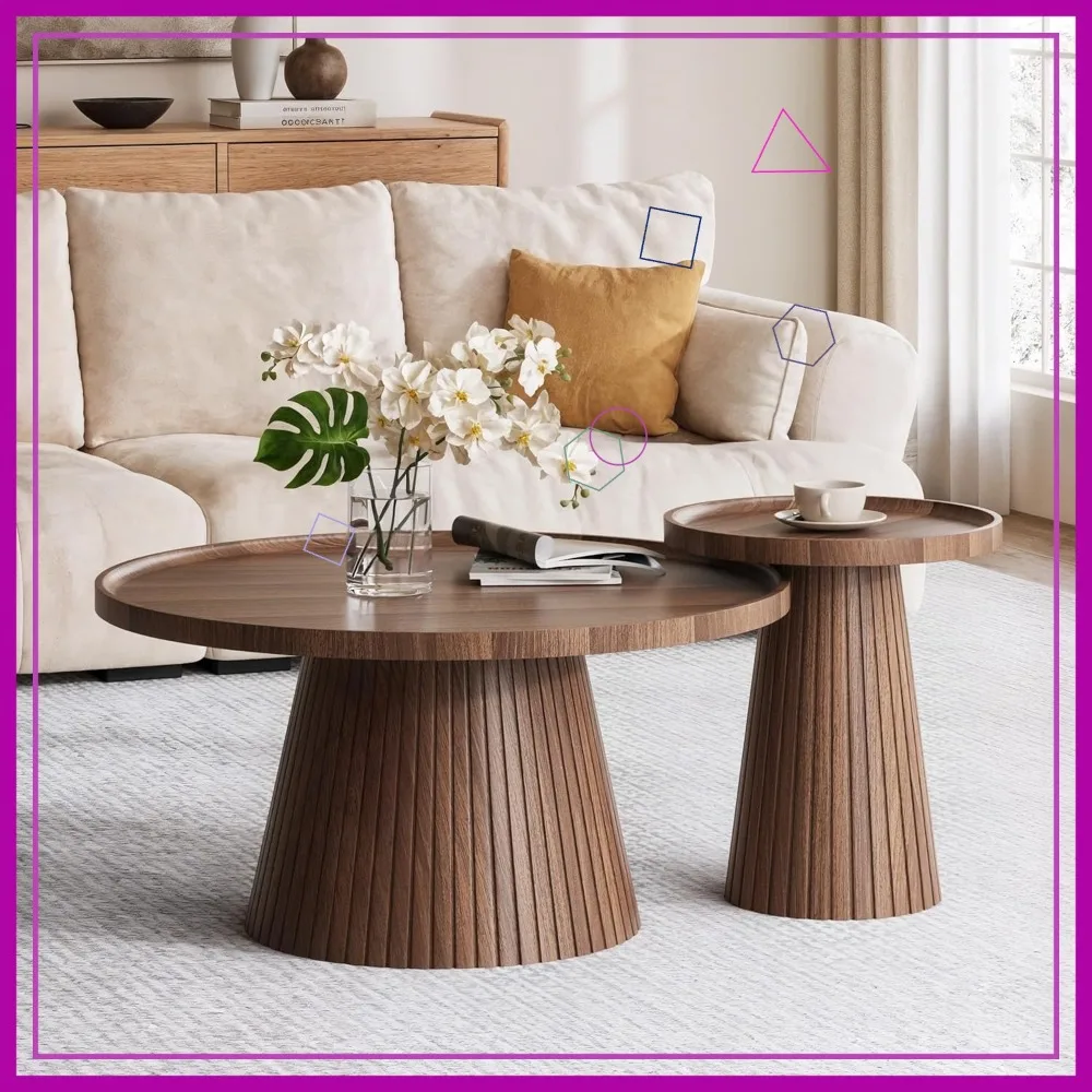 

Mid Century Modern Nesting Coffee Table Set of 2, Walnut Wood Grain Veneer, Fluted Round Tea and End Tables for Living Room