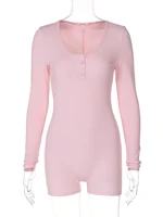 Hugcitar Spring Ribbed Solid Square Collar Long Sleeve Buttons Sexy Bodycon Skinny Playsuit Women Casual Romper Streetwear Sport - Image 6