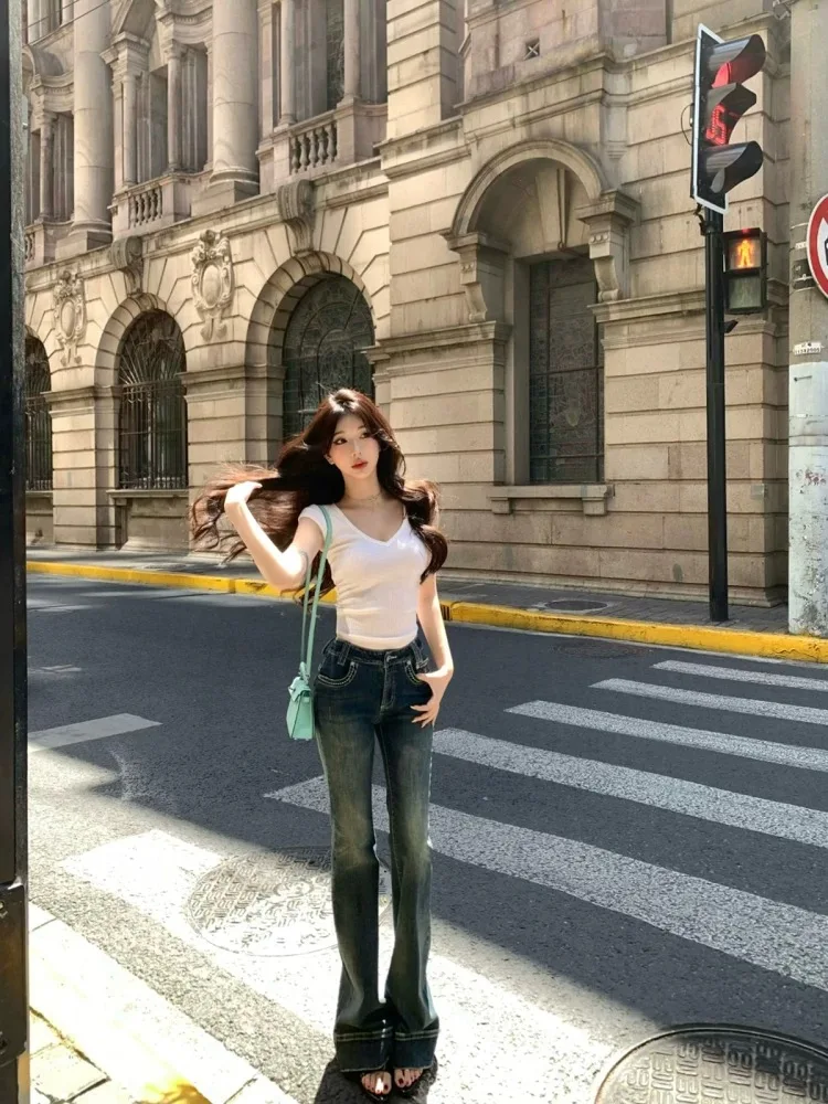 Women's Low Waist Slim Fit Micro Flared Jeans Spring Street Trendy Sexy Girl Skinny Trousers Female Bell-bottom Denim Pants