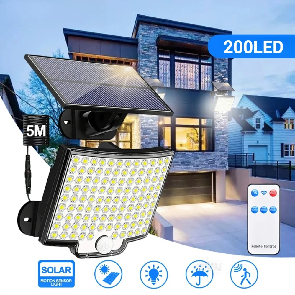 200LED Outdoor Solar Light with Motion Sensor Remote Control 3 Mode IP65 Waterproof for Garage Security Lights Garden Wall Light