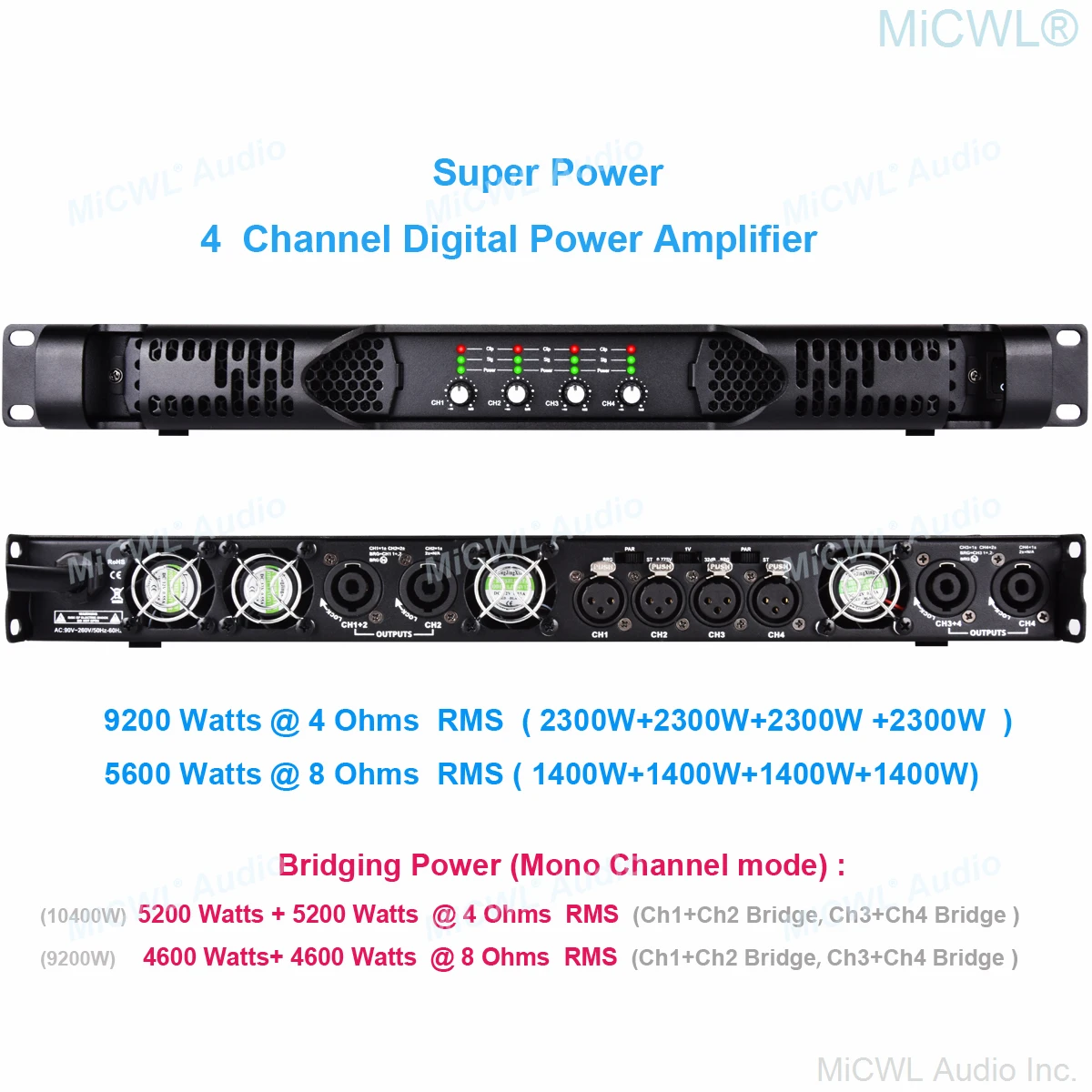 10400 Watt Professional 4 Channel High Power 9200W Digital Amplifier Bridging Function Drive Linear Array Acoustic 5200W 4Ohm