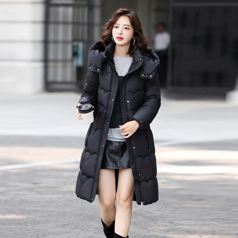 Jaket Wanita Panjang Sedang Berbahan Katun Tebal dengan Model Pelangsing dan Topi yang Dapat Dilepas, Pakaian Luar Musim Dingin dengan Ritsleting Panjang