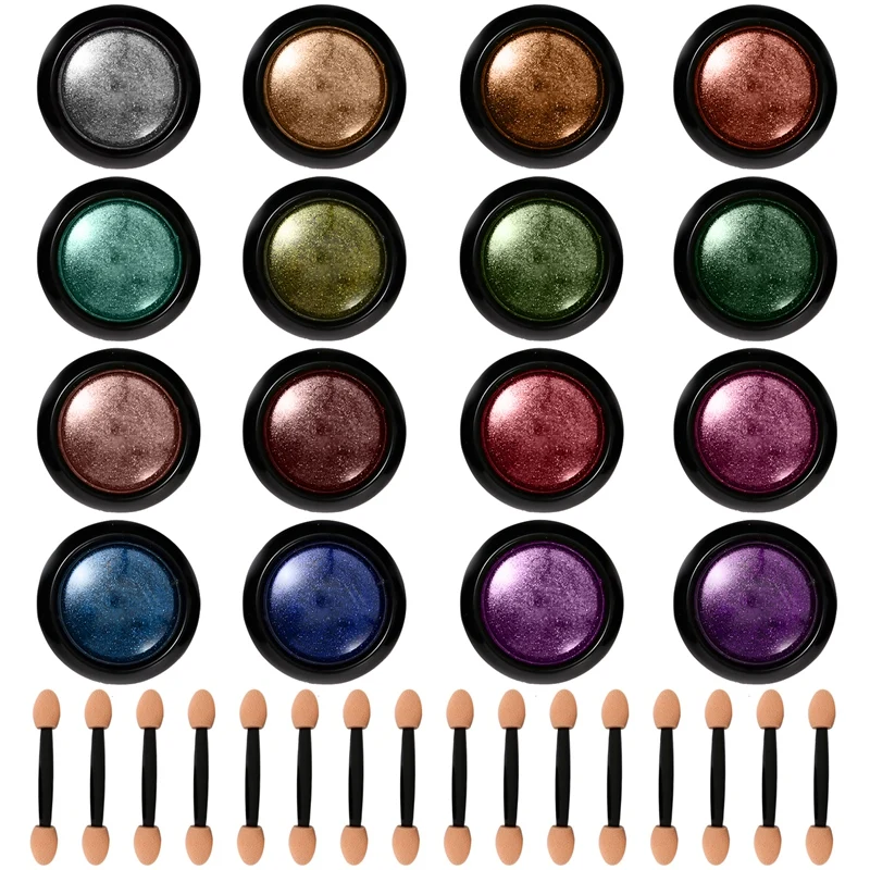 

16 Jars Chrome Nail Powder Metallic Nail Art Powder Mirror Effect Manicure Pigment with 16 Pcs Eyeshadow Sticks