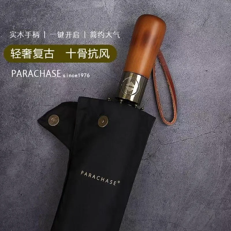 

Fully Automatic Wooden Handle Umbrella Men High End Business Folding Umbrella UV Protection Women's Parasol Sunny and Rainy Use