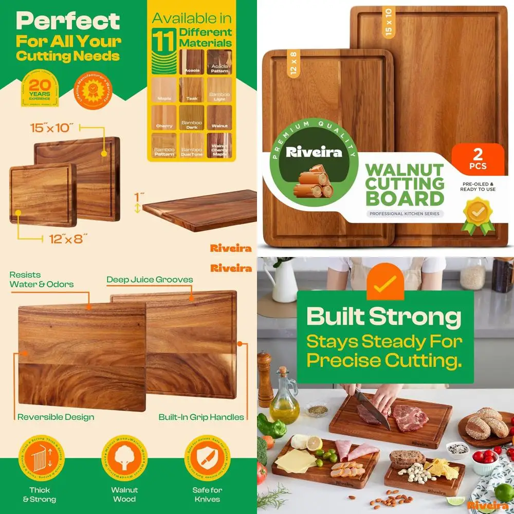 

Set of 2 Walnut Rectangular Cutting Boards - Durable Natural Wood Kitchen Chopping Boards