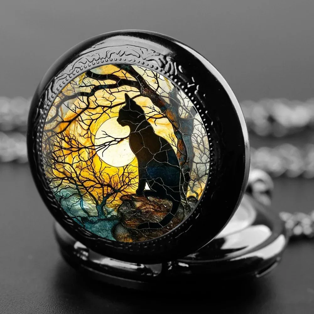 الإبداعية القط الظل الأسود ساعة جيب كوارتز قلادة توقيت قلادة الهدايا الإبداعية للأطفال الرجال النساء القط عاشق هدية تذكارية #1