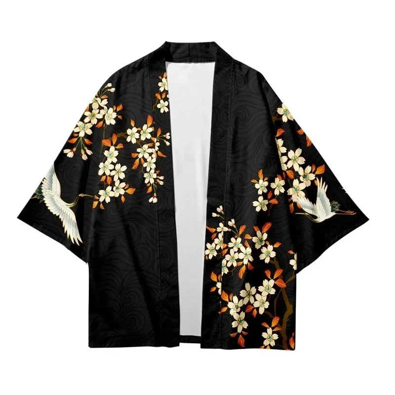 Summer New Elements Crane 3D Printed Seven-point Shirt Road Robe Cardigan Loose Men's Feather Woven Cape