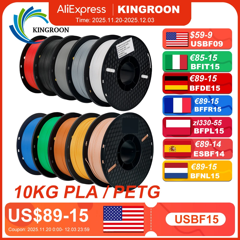 KINGROON 22LBS PETG or PLA filament 3D Printer Filament 10 Rolls 1KG 1.75MM Eco-Friendly Good Toughness Mix Color Free Shipping