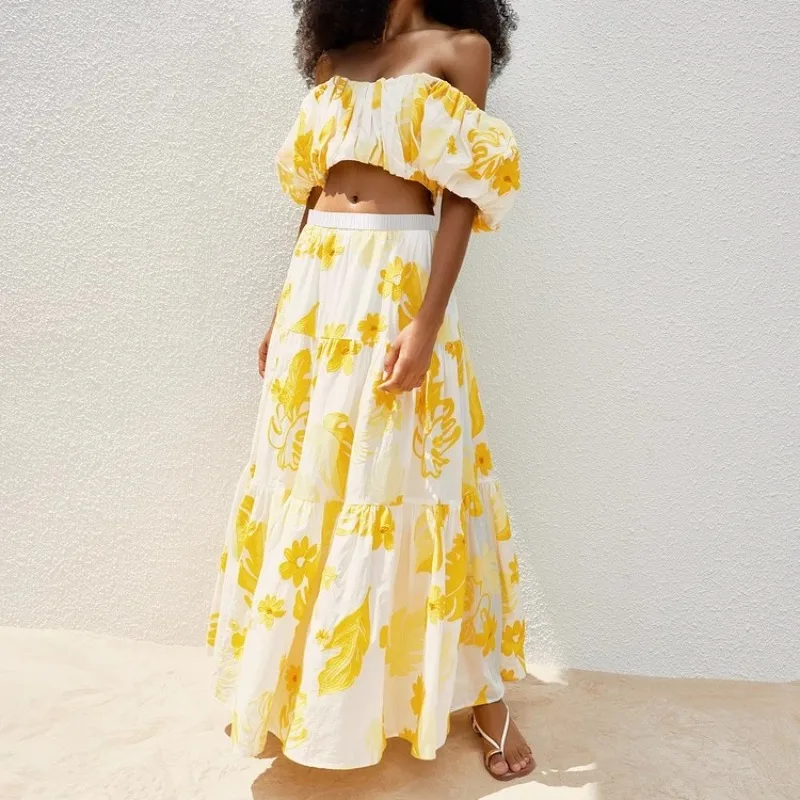 Holiday Yellow Floral Embroidery Tops + Skirts Women Summer Off The Shoulder Two Piece Sets Lady Elegant Skirts Sets Party