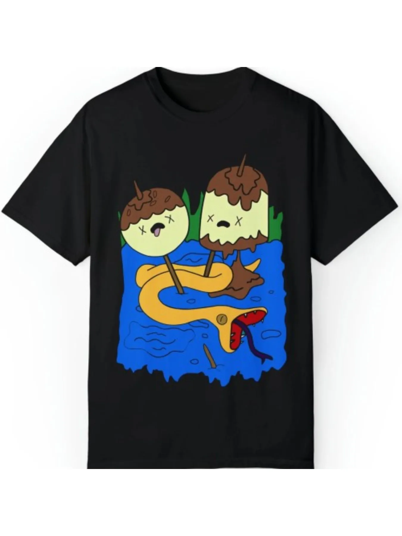 Camiseta de algodón negra para hombre: divertida, cómoda, caprichosa con estampado de serpiente y bellota de dibujos animados, versátil para estilo deportivo de verano