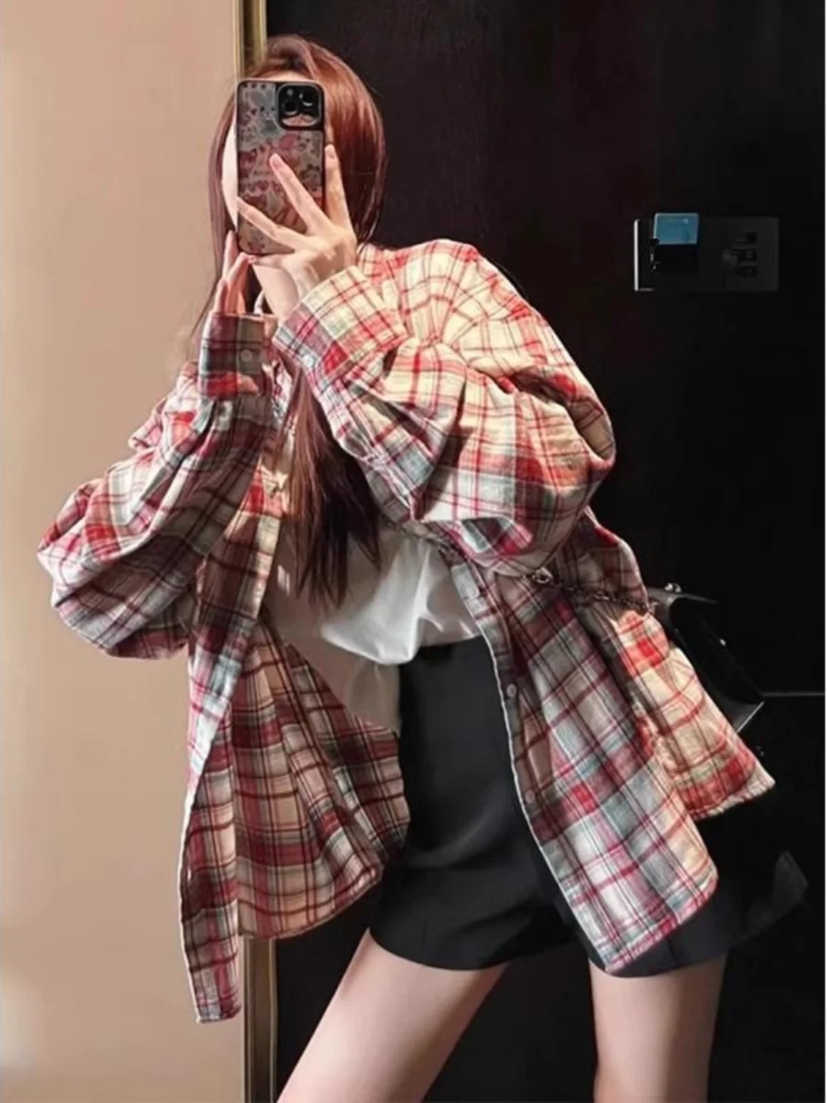 

American Style Red Plaid Long Sleeve Faded Shirt Women Loose Top Coat Lazy Fashion Brand Unregistered Chinese Origin