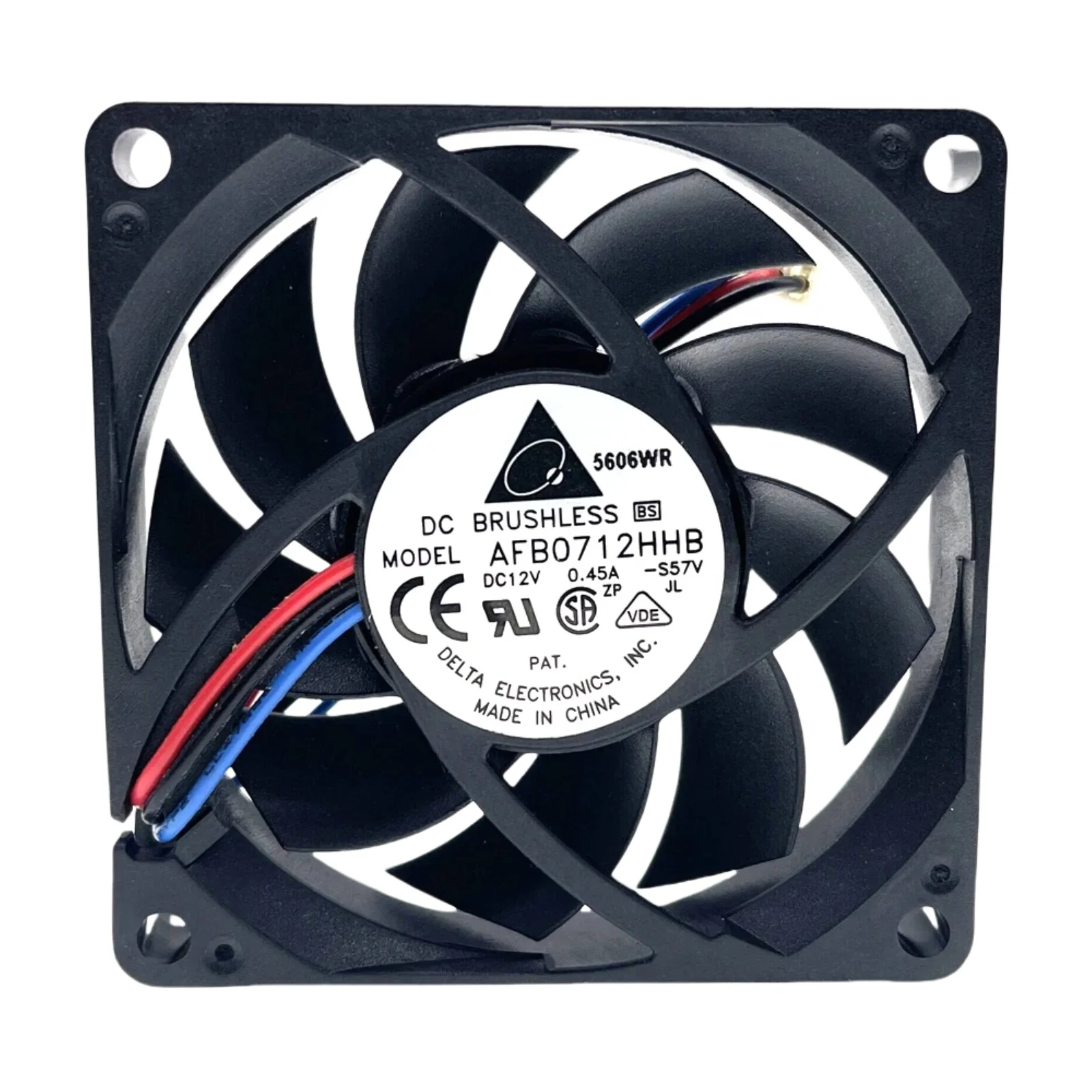 

Delta AFB0712HHB 70mm x 70mm x 15mm 12V 0.45A High-Speed Cooling Fan – 5000 RPM, Single Ball Bearing, 3-Pin Connector