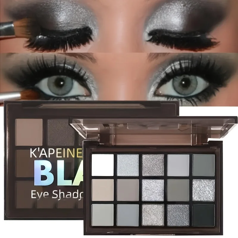 Smoky Black Eyeshadow Palettes, 15 Color Dark shimmer matte metallic makeup palette, light gray, dark silver