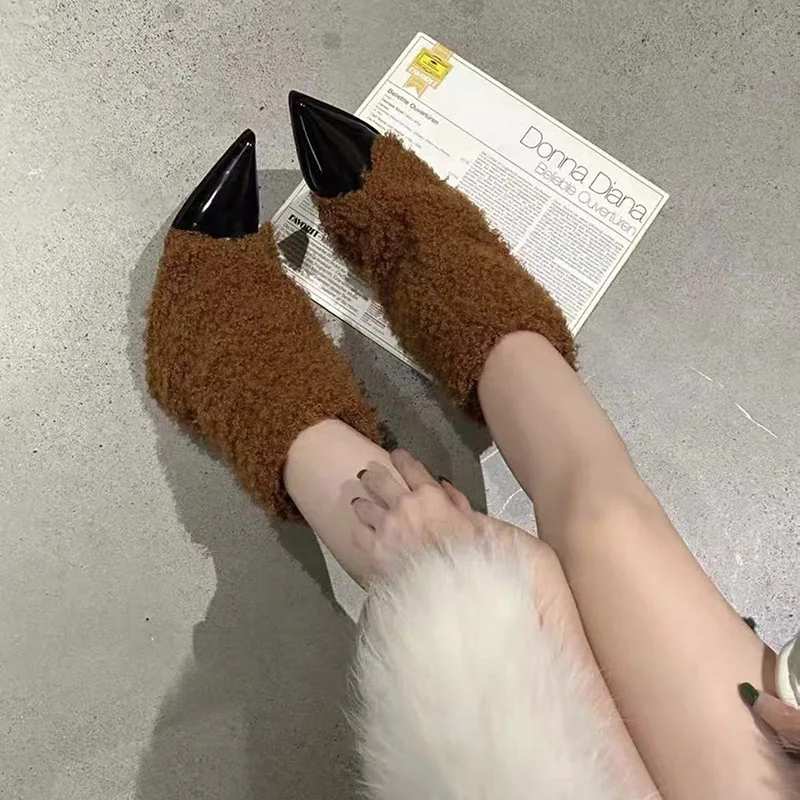 الرجعية العلامة التجارية مصمم الاصطناعي قصيرة أفخم منتصف العجل الأحذية النسائية 2026new خطوة واحدة الثلوج الأحذية رقيق الفراء مثير الإناث عالية الكعب #6