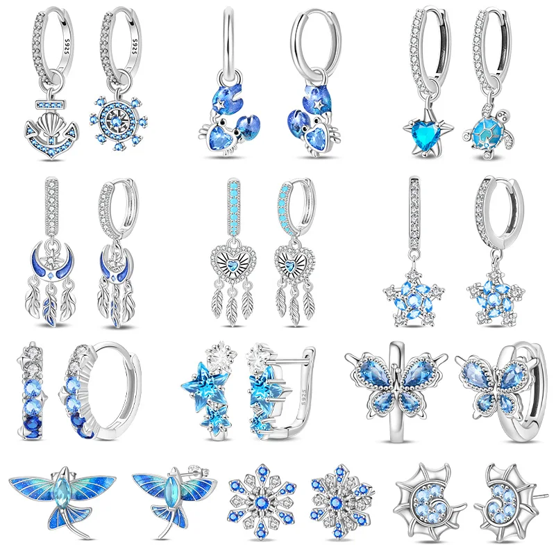 Neue 925 Sterling Silber Blaue Muschel Fliegende Fische Schneeflocken Damen-Ohrringe Brillante Hochzeits-Verlobungs-Stern-Ohrringe Schmuckgeschenk