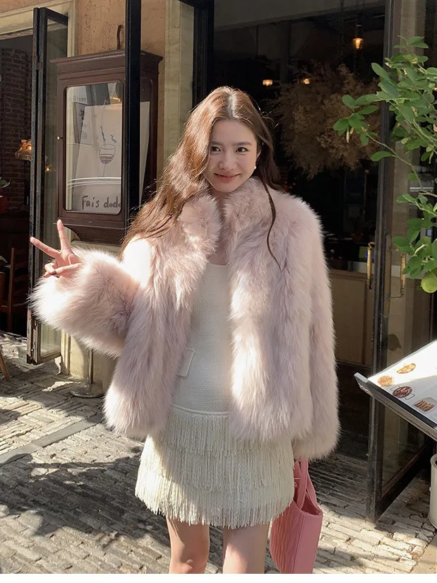 Women Faux Fox Fur Coats Solid Fur Jackets Cotton Linen Haf High Collar Long Sleeves Open Stitch Loose Casual 2026 Autumn Winter