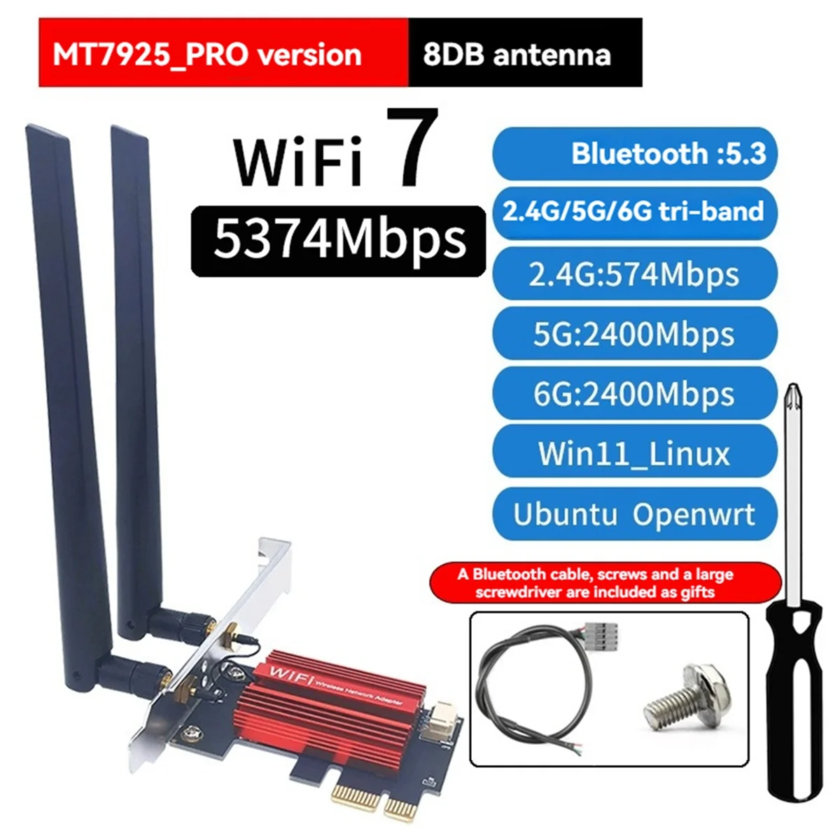 2025 جديد- MT7925 WiFi 7 PCI-E بطاقة محول ثلاثي الموجات 2.4G/5G/6 جيجا هرتز 5374Mbps BT5.3 سطح المكتب محول الشبكة اللاسلكية لـ Win11/10