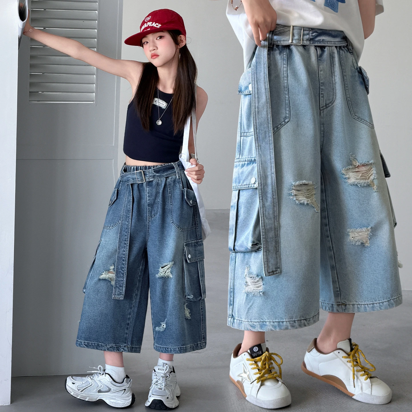 Summer Streetwear New Girls Ripped Cargo Denim Shorts Korean Style Fashion Trousers for Teen Kids Loose Capri Jeans