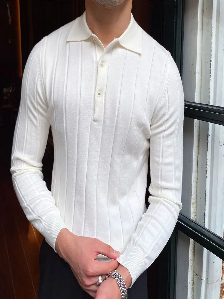 Knit Polo Shirt for Men Stripe Slim Fit Long Sleeves England Elegant Style Autumn Spring Male T-Shirt