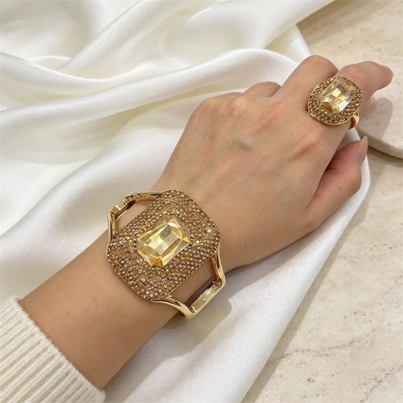 Blue Crystal Rhinestone Bangle And Ring Set Women Cocktail Banquet Statement Costume Jewelry Braclet Vintage Christmas Gift