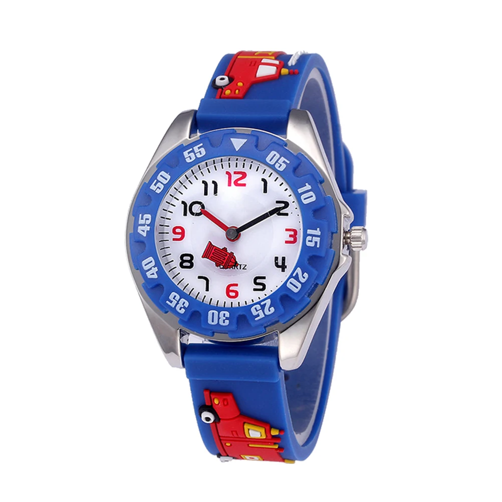

Kids Cartoon Waterproof Watch 3D Fire Truck Design Silicone Quartz Wristwatch Boys Girls Adjustable Strap Large Dial Safe