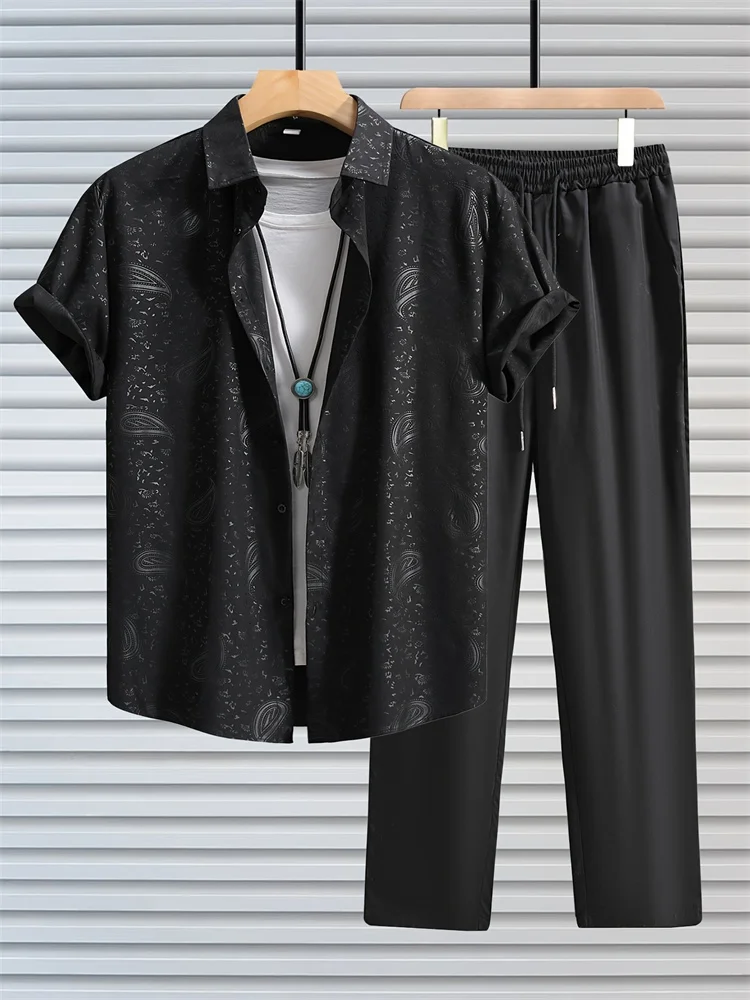 Retro Fashion Men's Casual Short-sleeved Shirt And Long Pants Set, Daily Street Fashion Trend Men's Autumn 2pcs Set S-2XL