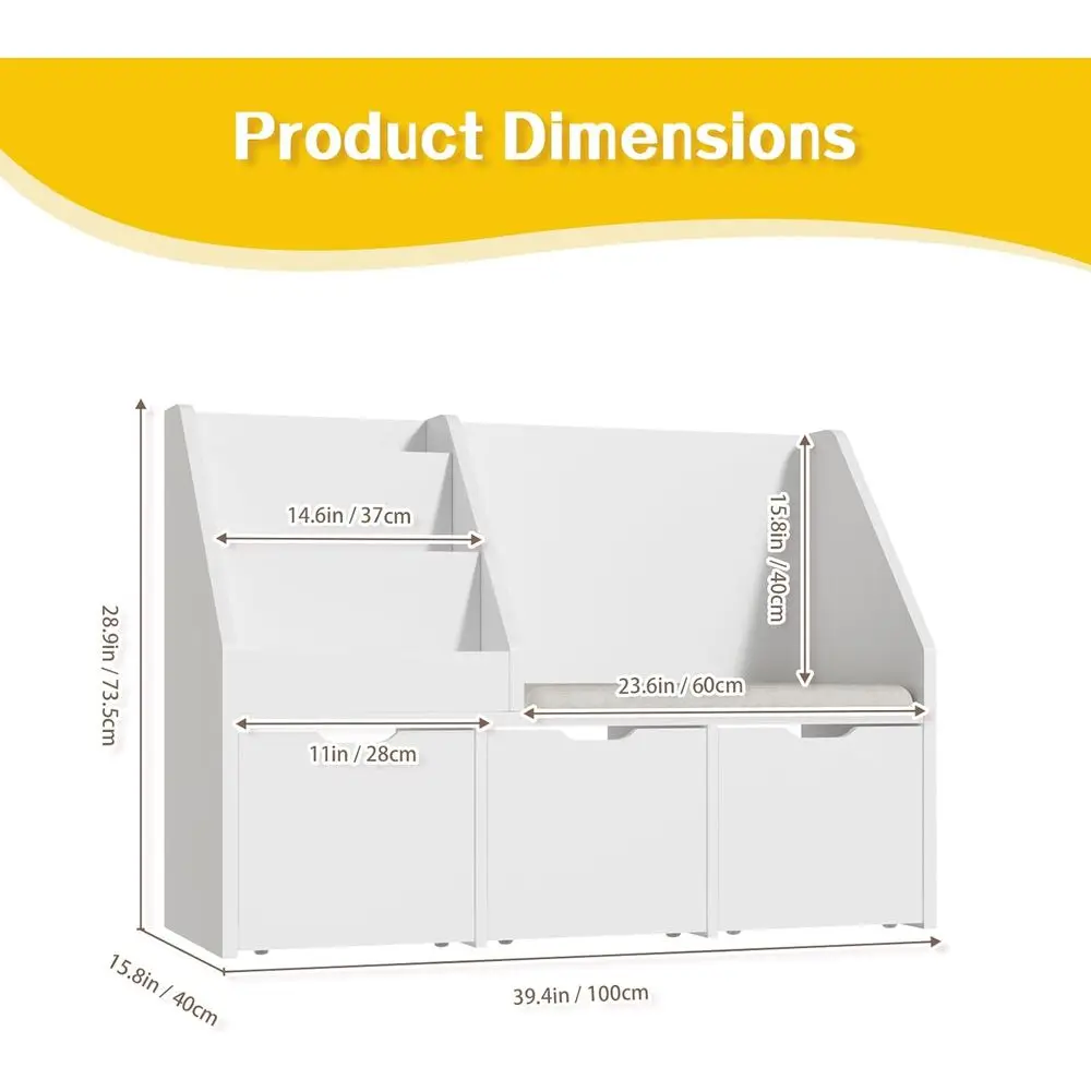 Organizer Mainan dengan Rak Buku, Bangku Baca Berbantalan, 3 Laci, Roda Tersembunyi, Putih