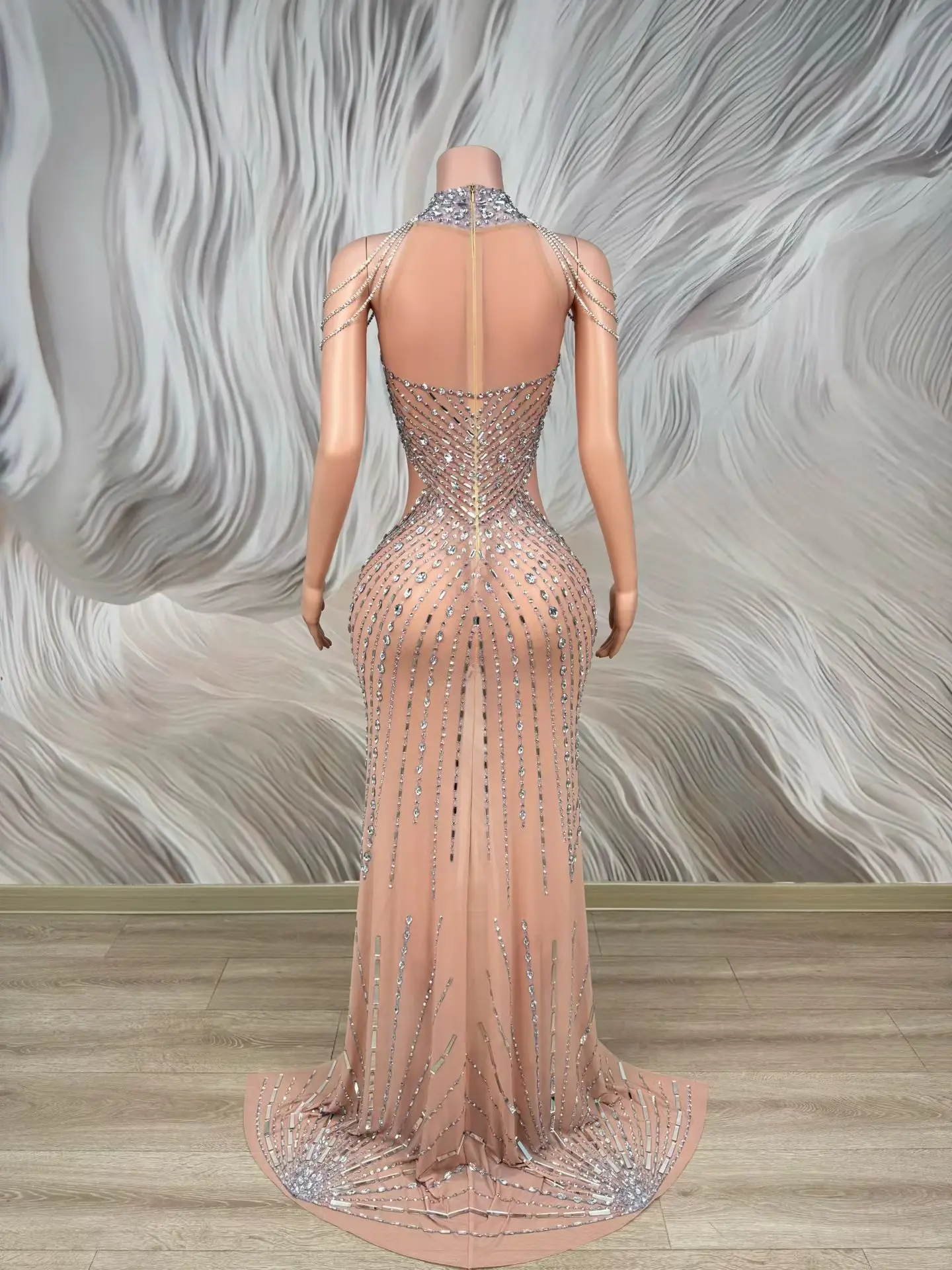 

Yanhuo Silver Rhinestone Sheer Mesh Mermaid Maxi Dress High Slit Chain Shoulder Evening Prom Party Gown for Women